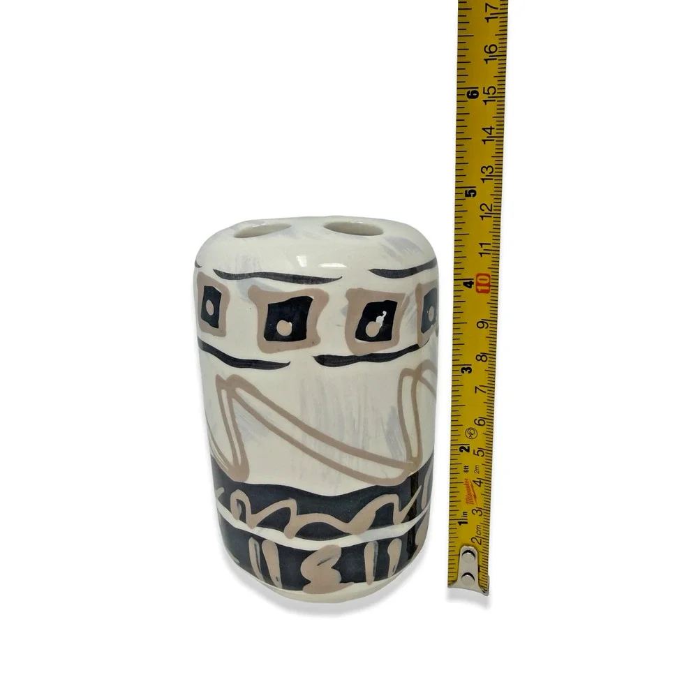 Hand Painted USA Toothbrush Holder & Soap Dish Set Tribal Ceramic Bath EUC